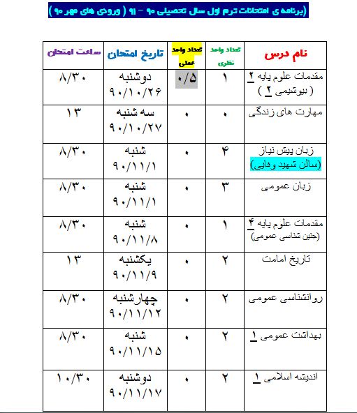 برنامه ی امتحانات ترم اول 90 - 91 (ورودی های مهر 90)